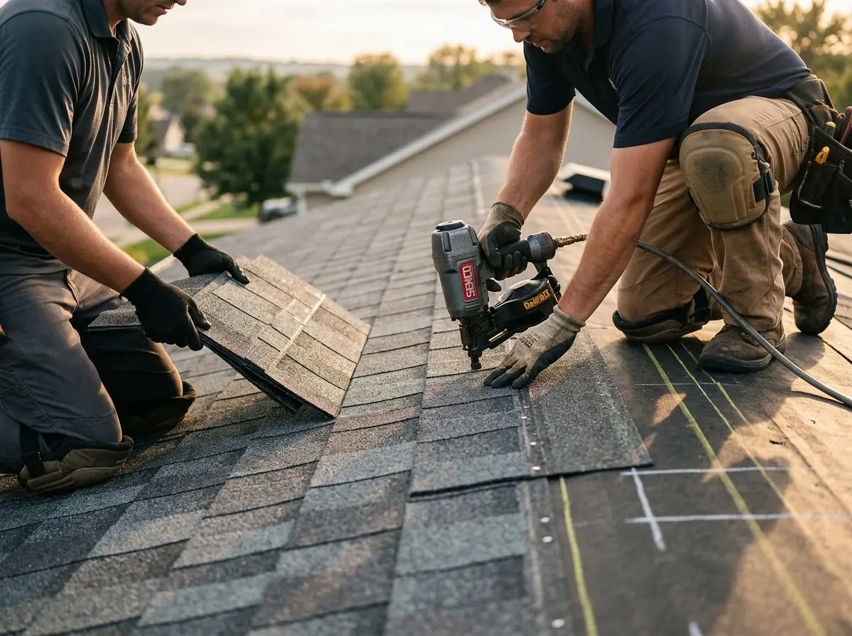 Professional roofer working on a residential roof in Neosho